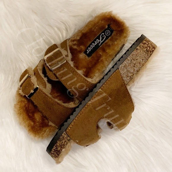 NIB Tan Faux Fur Lined Slides | Cozy Fuzzy Sandals | Forever | Women’s Sizes 5–8 - Picture 8 of 11